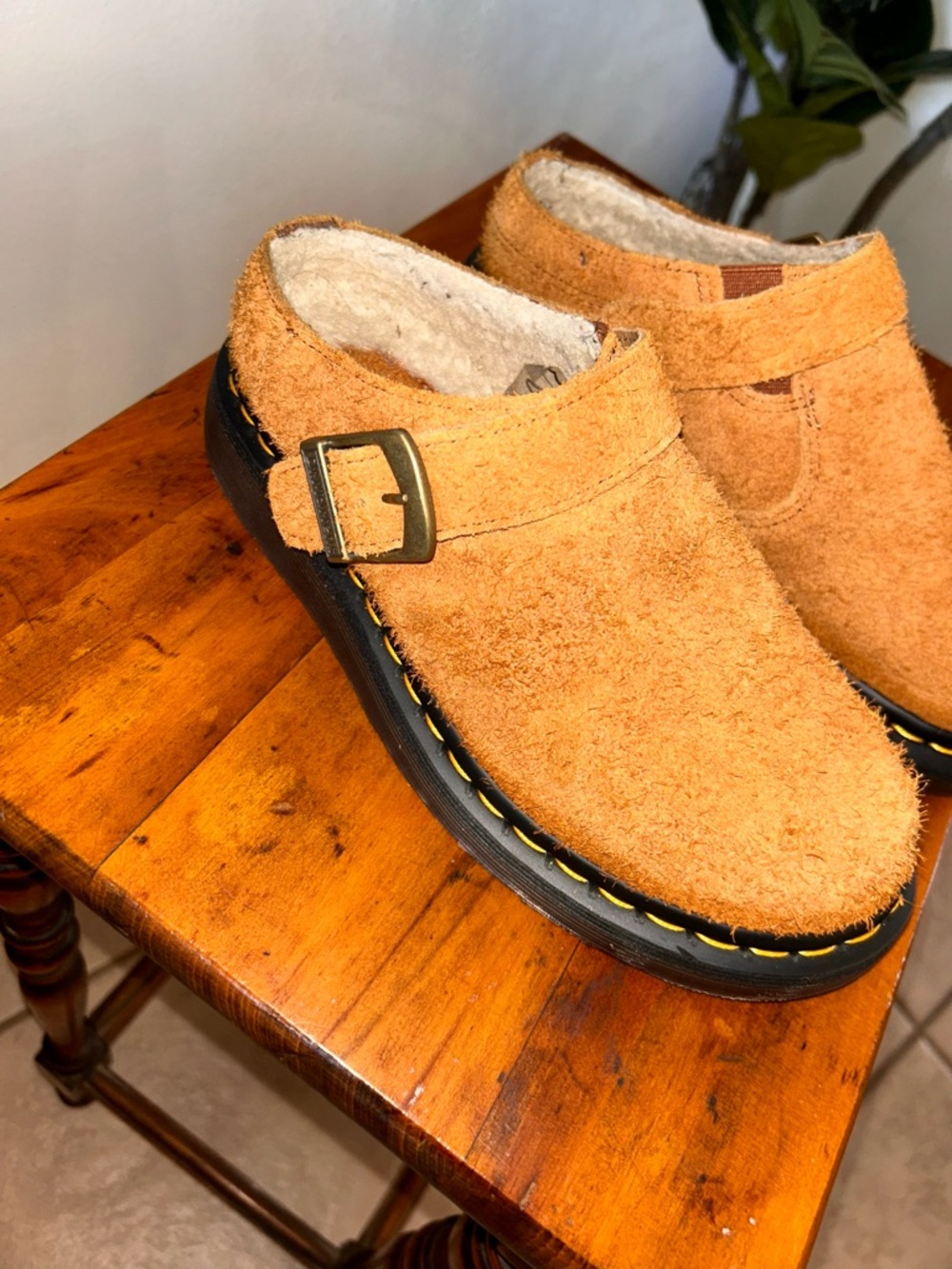 Dr. Martens Tan Suede Clog Mule with Yellow Welt Stitching - Picture 2 of 8